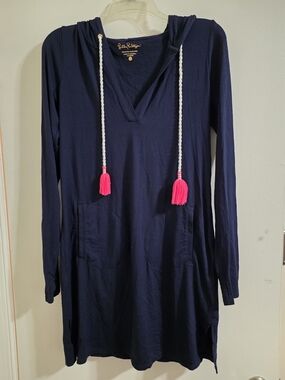 Lilly Pulitzer Navy Hooded Tunic with Hot Pink Tassels